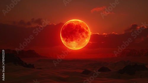 Giant Red Sun Over Alien Desert Landscape