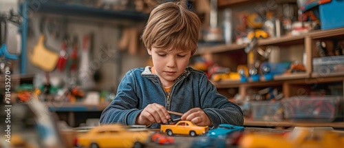 Little Child Building a Toy Car