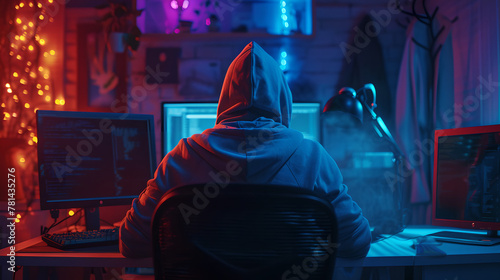 Back view of Evil Man Hacker Wearing Hoodie Breaks into Data Servers, Phishing attack, DDOS Attack, Malware, Virus, Darknet Cybercrime ,neon lights red and blue ,Internet crime concept