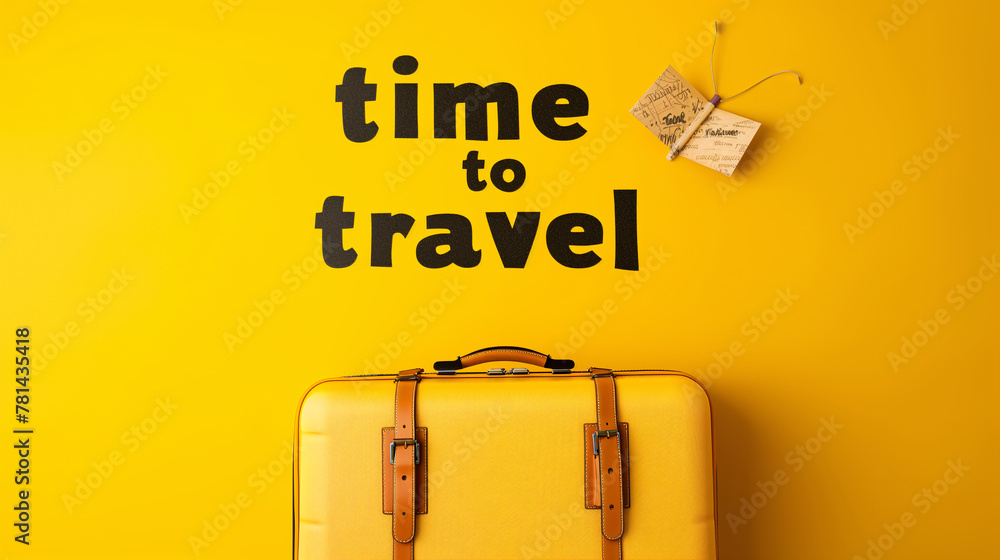 Travel concept, yellow suitcase on yellow studio background with inscription Time to travel