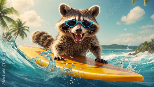 cute raccoon rides on a surfboard