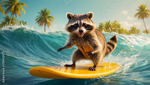 cute raccoon rides on a surfboard summer time © tanya78