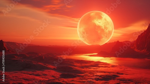 Supermoon Over Lava Fields of Alien Planet photo