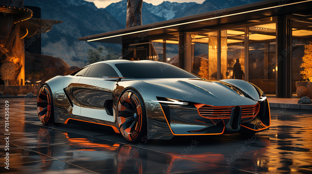 A Futuristic Luxury Sports Car Parked At Showroom During Night Time