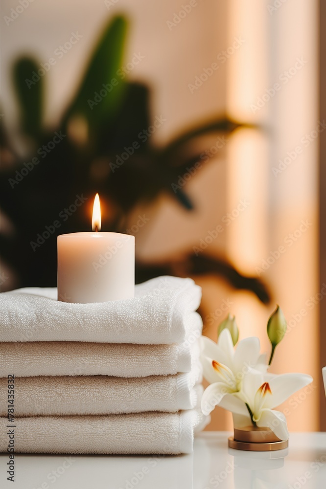 neatly folded towels and burning candles on a light background,  cozy atmosphere of a hotel spa or bath, a feeling of relaxation 