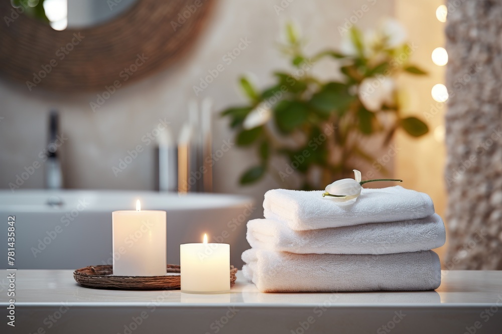 clean white neatly folded towels and burning candles, cozy aroma spa concept, cosmetic background for the presentation of a product for body and face care