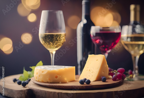 Elegant wine and cheese tasting setup with a bottle of red wine, glasses of white and red wine, cheese on a wooden board, grapes, and a warm bokeh background. National cheese and wine day.
