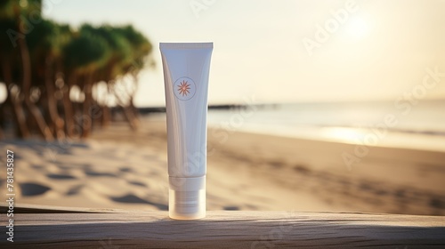 tube with sunscreen on the background of a sunny beach, sun protection concept, spf