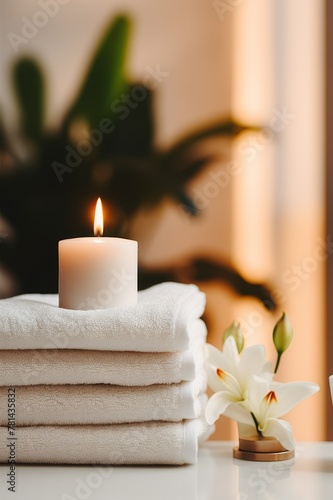 neatly folded towels and burning candles on a light background, cozy atmosphere of a hotel spa or bath, a feeling of relaxation 