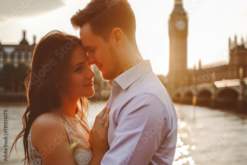 A man and a woman standing next to each other near the River Thames in London. They are looking out at the water, with the iconic Big Ben in the background