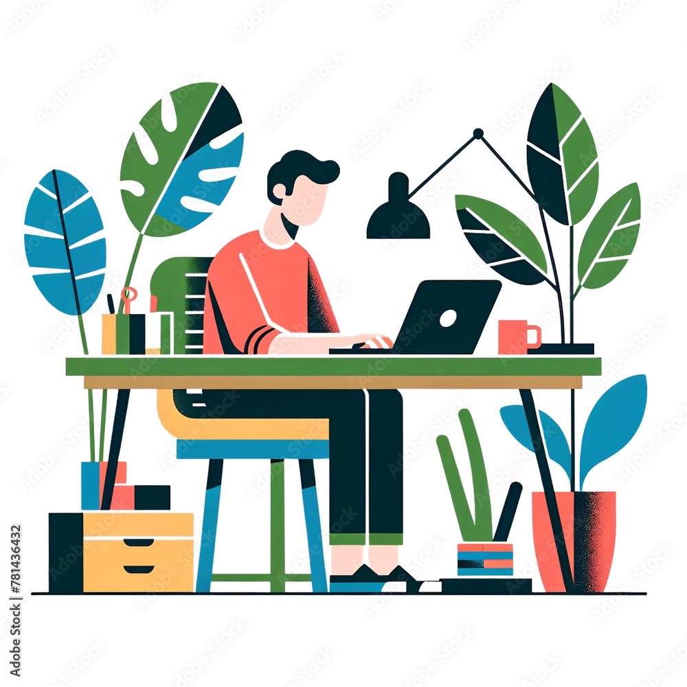 A minimalist illustration of a person working at a home office. The person is sitting at the desk, focused on the laptop A minimalist illustration of a person working at a home office. The person is sitting at the desk, focused on the laptop