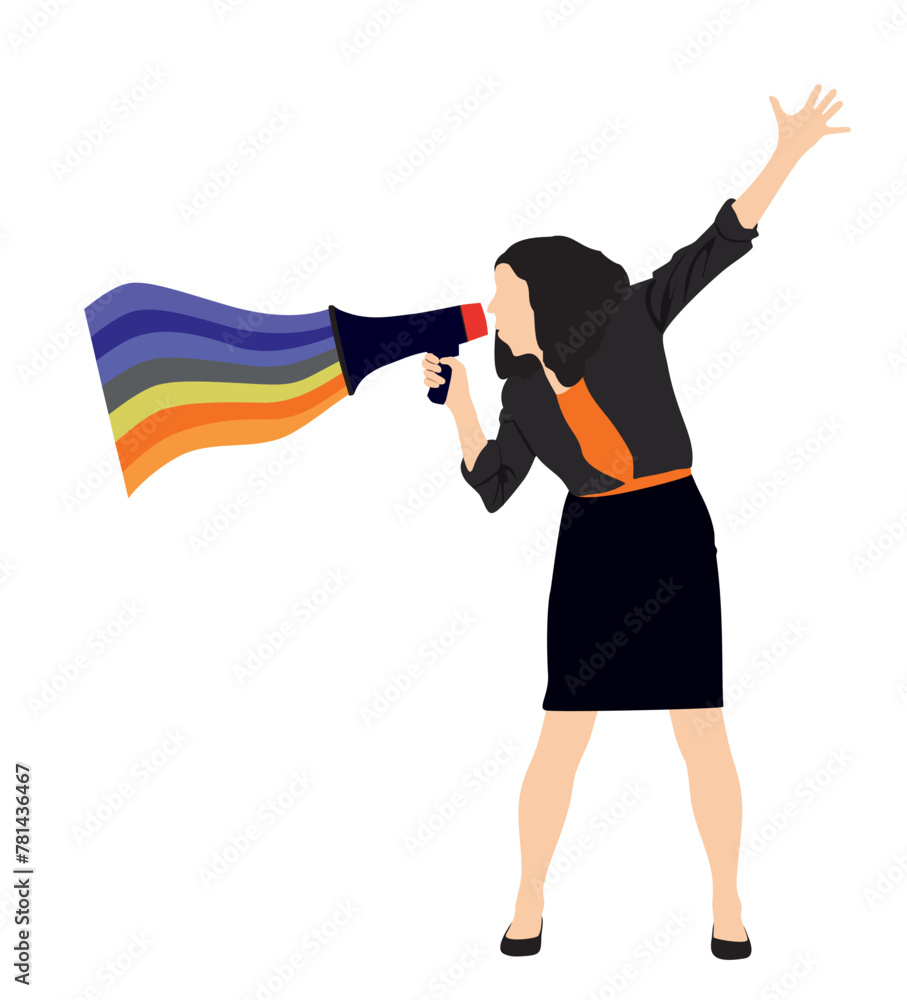 LGTBQ activist holding megaphone or loudspeaker with rainbow flag wave colors at pride parade. Lesbian Queer Girl walking at protest for equal rights. Sexual diversity. LGTBQ activist holding megaphone or loudspeaker with rainbow flag wave colors at pride parade. Lesbian Queer Girl walking at protest for equal rights. Sexual diversity.