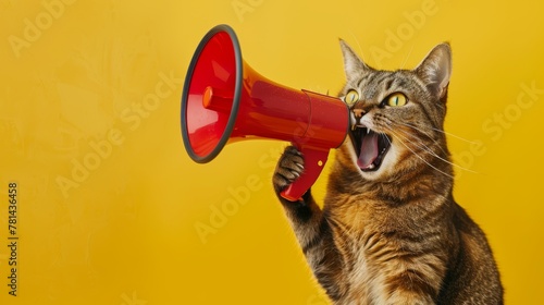 Tabby cat with mouth wide open holding a red megaphone on a yellow background. Humorous animal concept with space for text