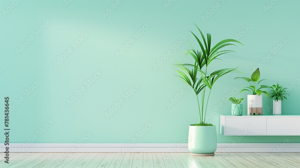 A green wall with a potted plant on it. The plant is in a green pot and is placed on a wooden shelf A green wall with a potted plant on it. The plant is in a green pot and is placed on a wooden shelf