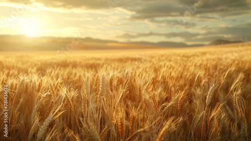 Field of golden crops under setting sun