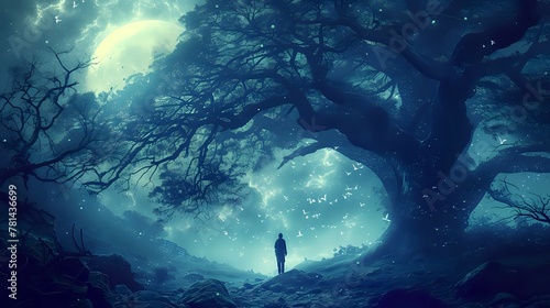 Nightfall Reverie: Solitary Wanderer Among Enchantment./n