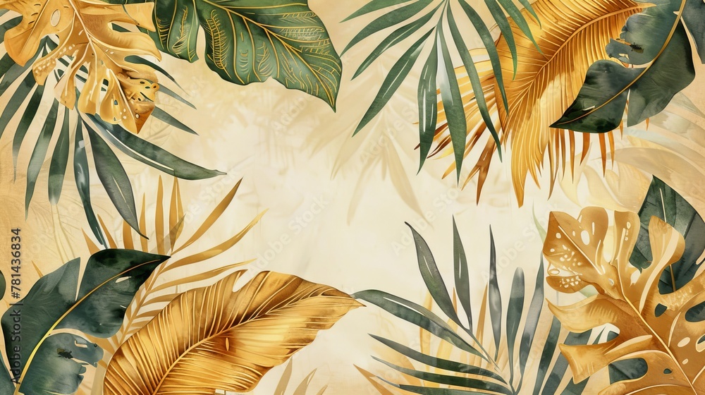 The gold palm leaves and tropical palms make a beautiful background for contemporary botanical prints for any wall. This is a watercolor canvas frame design for prints and home decor and is made from - obrazy, fototapety, plakaty 