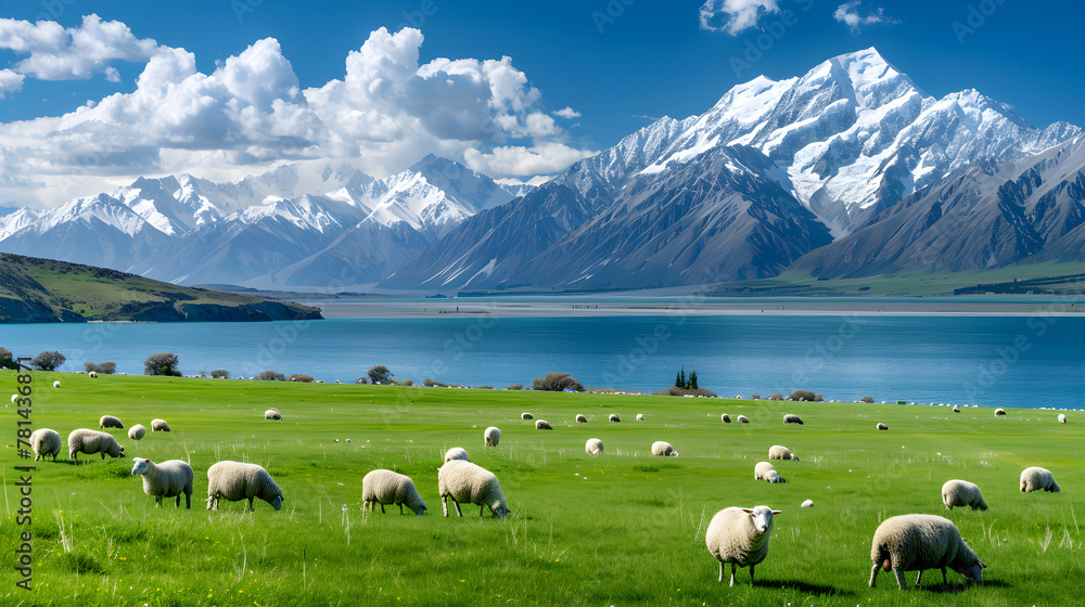 Panoramic View of New Zealand's Natural Beauty – Sheep Grazing, Lake Tekapo, and Snow-Capped Mountains