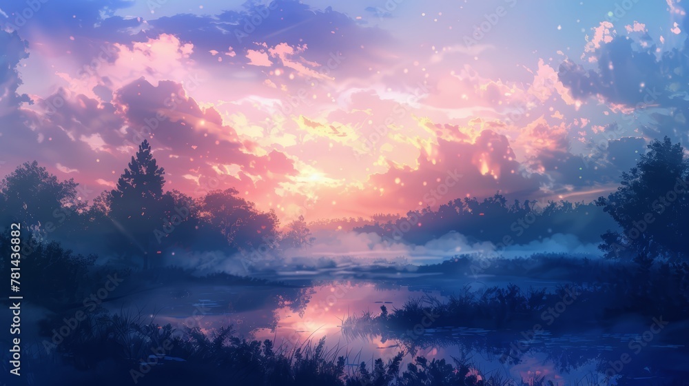 Digital painting of a magical sunset over a misty lake. Fantasy landscape concept. Ethereal outdoor scene for wallpaper and game design