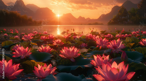 A beautiful field of pink flowers with a sunset in the background