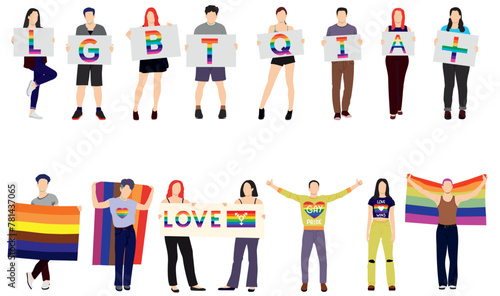 Crowd of people at pride parade holding placards and flag. Men and women at demonstration for LGBT rights. Gay, lesbian, bisexual, transgender activists. Sexual diversity. Set of Vector characters