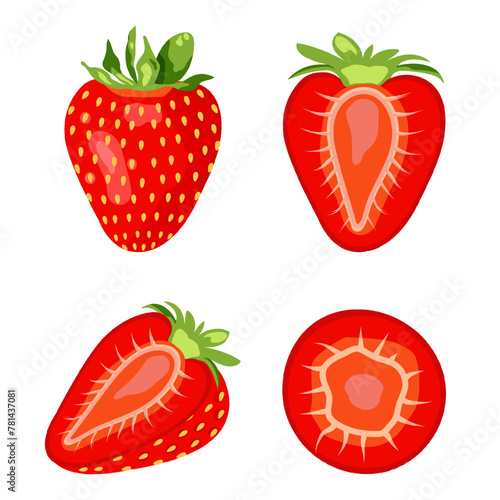 Fototapeta Naklejka Na Ścianę i Meble -  A set of cut fresh strawberries. Vector illustration isolated on white background