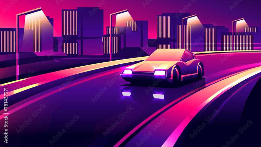 A car drives along a city bridge in the evening horizontal neon vector illustration.