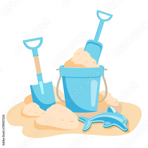 A bucket with sand, shovels and a dolphin toy for creating sand figures. Children's toys for the sandbox, blue. Vector illustration on a white background.