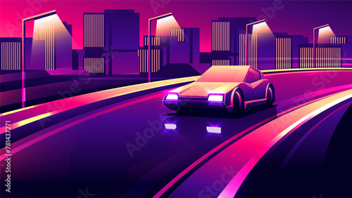 A car drives along a city bridge in the evening horizontal neon vector illustration.