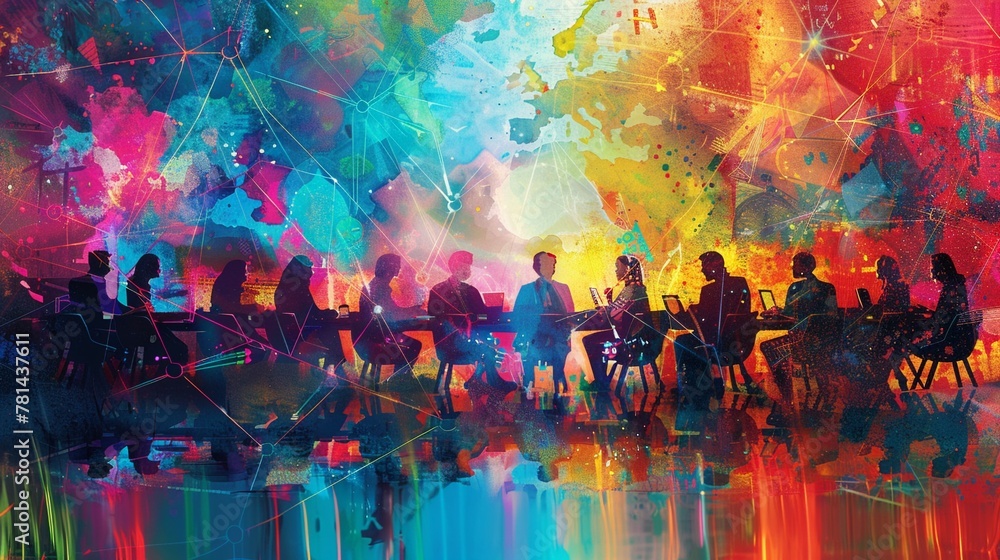 A vibrant, colorful mosaic depicting people from various cultures around a conference table, digital lines connecting them to different parts of the world - obrazy, fototapety, plakaty 