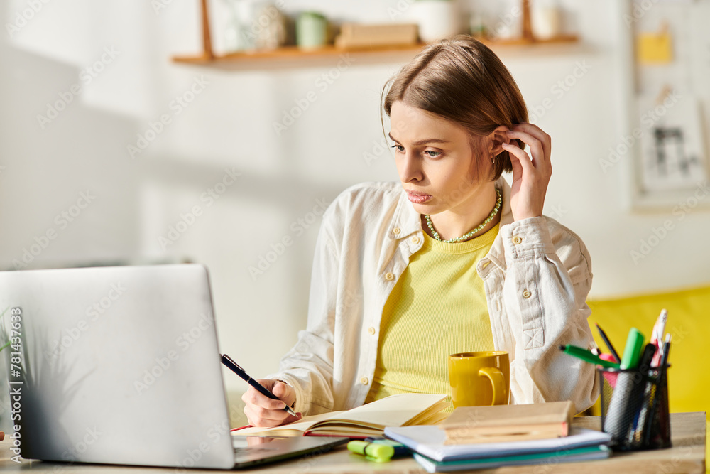 A focused teenage girl sits at a desk, engrossed in e-learning with her laptop computer, surrounded by study materials. A focused teenage girl sits at a desk, engrossed in e-learning with her laptop computer, surrounded by study materials.