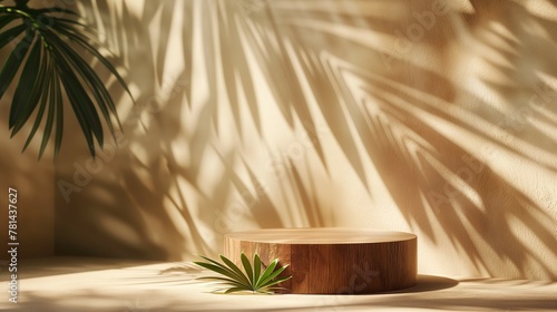 Podium mockup, product display, wooden round side table and tropical plants background