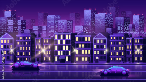 A street in a residential area with a road along which cars drive. Modern cyberpunk city view at night horizontal illustration.