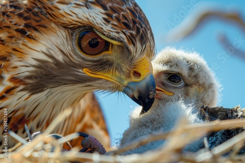 Closeup of a hawk and fledgling Accipitridae bird in nest photo
