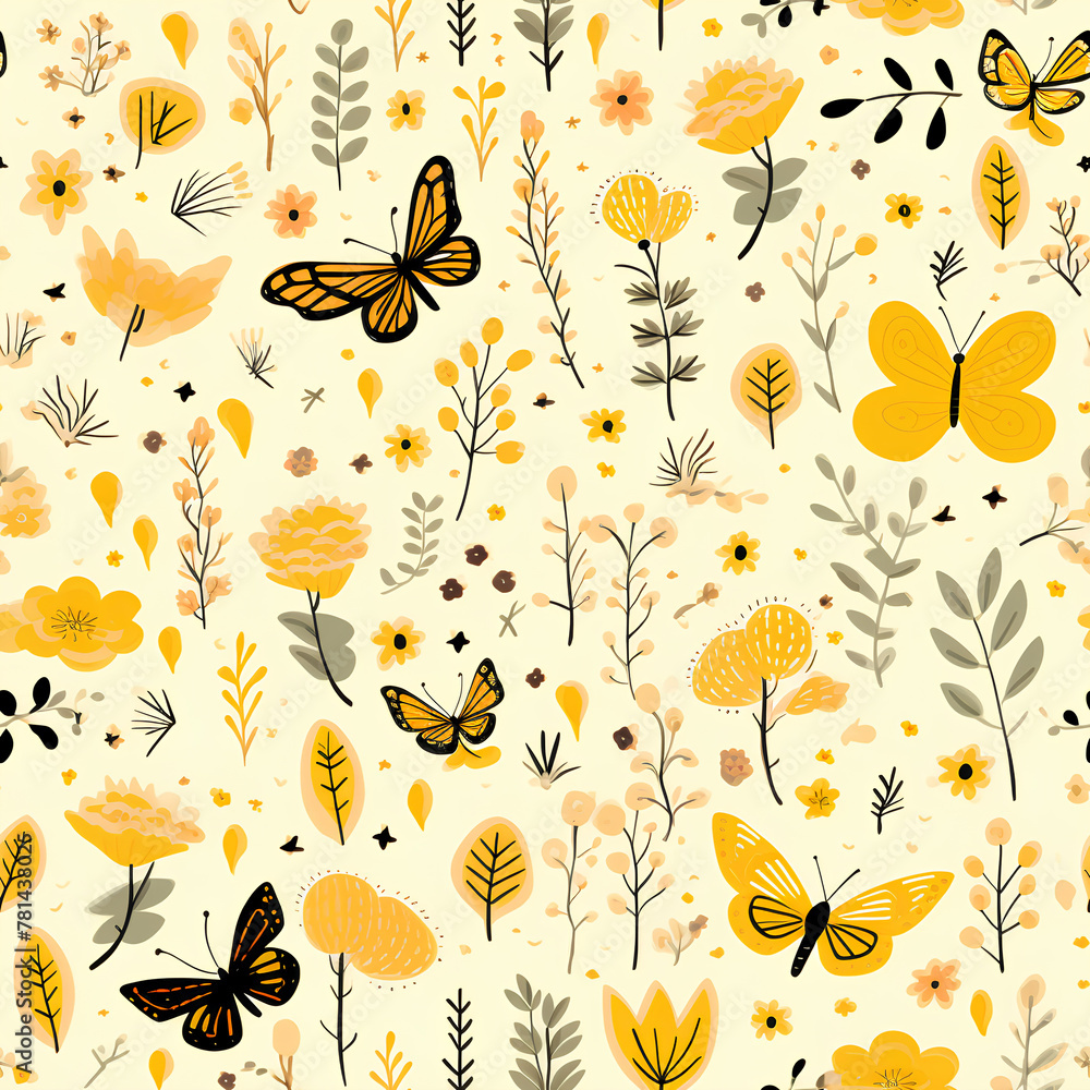 Seamless Botanical Pattern, Orange and Yellow Flowers and Butterflies, Fabric and Wallpaper Design