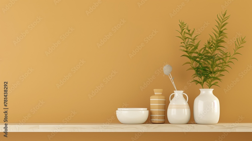 A shelf with a white vase, a white bowl, and a white vase with a green plant in it