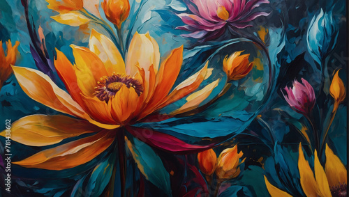 Abstract floral motifs painted in oils  their vibrant colors and dynamic forms creating a visual feast for the senses.
