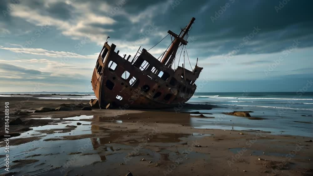 A ship aground, leaning to one side on a deserted beach. The ship is