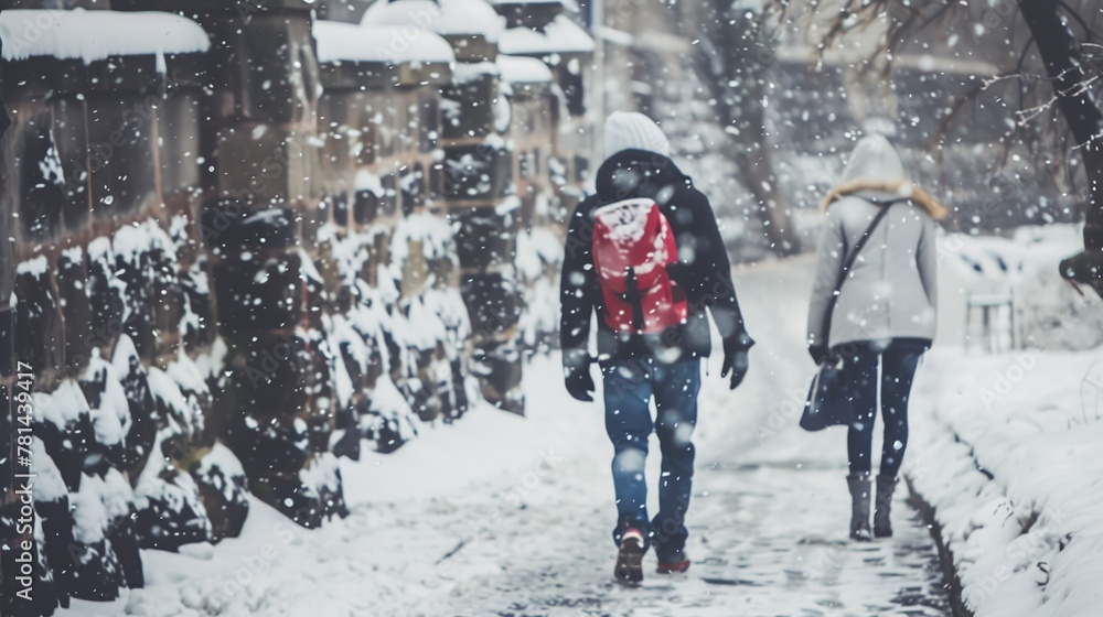 A couple walking down a snowy sidewalk. One of them is wearing a red backpack. The snow is falling and the sky is gray