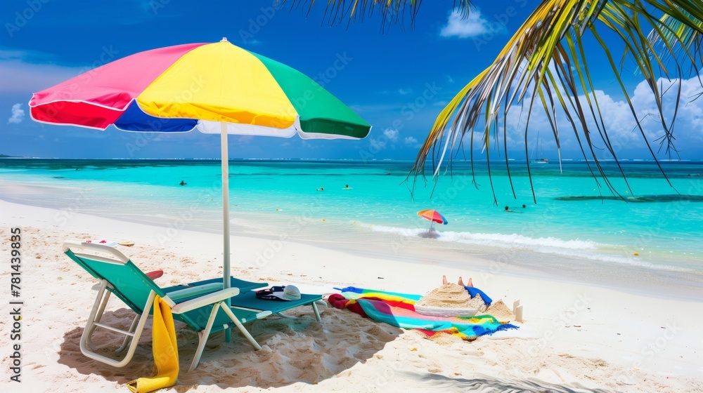 A colorful beach umbrella is set up on a sandy beach. The umbrella is open and provides shade for a couple of chairs and a beach towel. The beach is crowded with people enjoying the sunny day