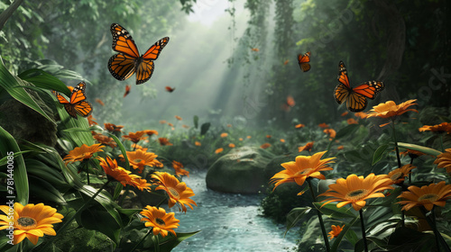 Tranquil and serene butterfly sanctuary scene with monarch butterflies. Vibrant orange flowers. And lush greenery in a peaceful. Natural environment