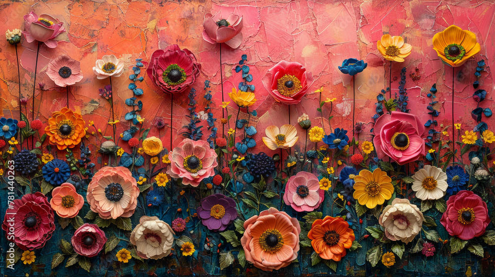 A painting of a field of flowers with a pink and orange background