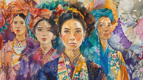 watercolor portraits showcasing the traditional clothing of different cultures, with each figure reflecting their cultural heritag photo