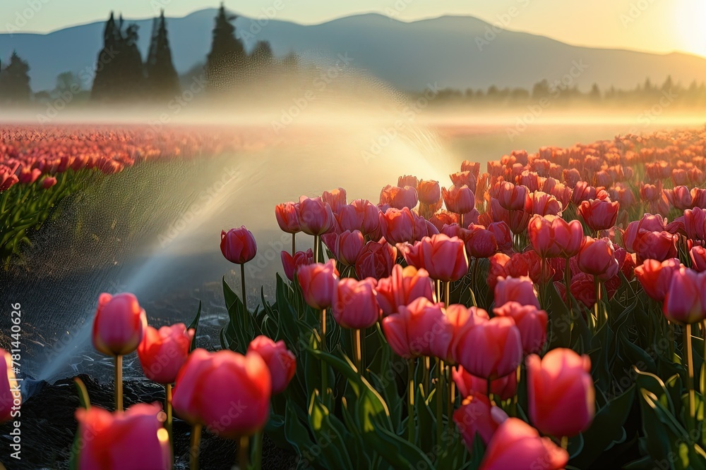 Tulip field with sprinklers at sunrise - obrazy, fototapety, plakaty 