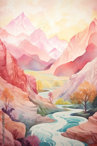 Drawn illustration of watercolor mountains. The concept for the development of tourism, mountaineering, skiing, rock climbing, excursions in the mountains, vertical  © Tatiana