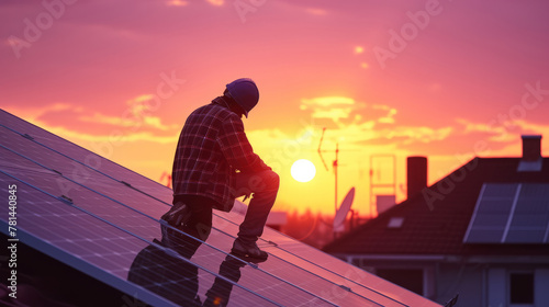 Workers install solar panels in a private house. Alternative concept of electricity, future ecosystem technologies
