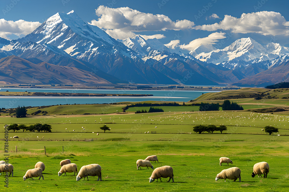 Panoramic View of New Zealand's Natural Beauty – Sheep Grazing, Lake Tekapo, and Snow-Capped Mountains