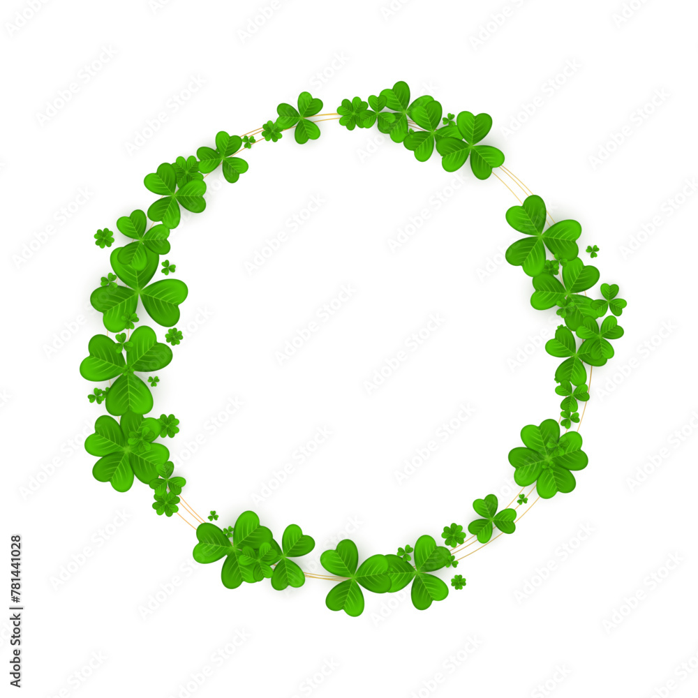 Realistic shamrock wreath. Round Clover frame. Green leaves floral garland. Trefoil border. Realistic shamrock wreath. Round Clover frame. Green leaves floral garland. Trefoil border.
