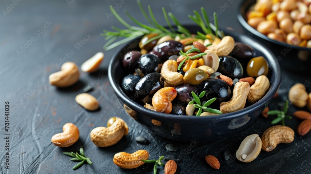 Mix of snacks, black and green olives, AI generated Mix of snacks, black and green olives, AI generated