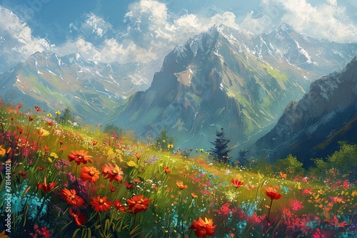 Vibrant flowers add to the stunning mountain scenery in the digitally created landscape. photo